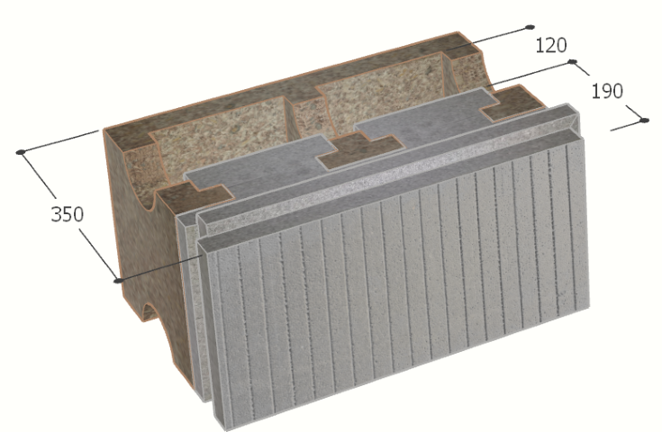 Image of Bloc à bancher en bois ciment (50x25 cm), isolant externe : 19 cm, épaisseur : 35 cm, béton : 12 cm, fabrication Belgique