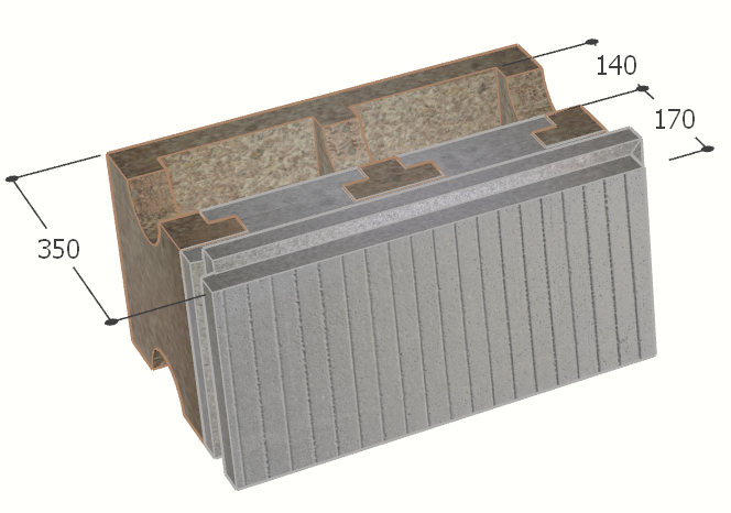 Image of Bloc à bancher en bois ciment (50x25 cm), isolant externe : 17 cm, épaisseur : 35 cm, béton : 14 cm, fabrication Belgique