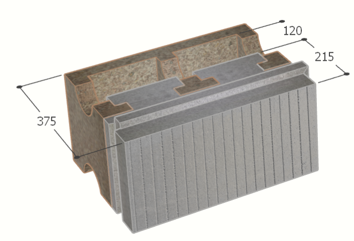 Image of Bloc à bancher en bois ciment (50x25 cm), isolant externe : 21.5 cm, épaisseur : 37.5 cm, béton : 12 cm, fabrication Belgique