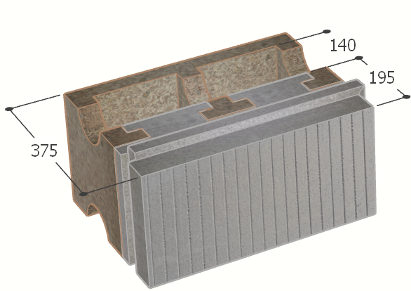 Image of Bloc à bancher en bois ciment (50x25 cm), isolant externe : 19.5 cm, épaisseur : 37.5 cm, béton : 14 cm, fabrication Belgique