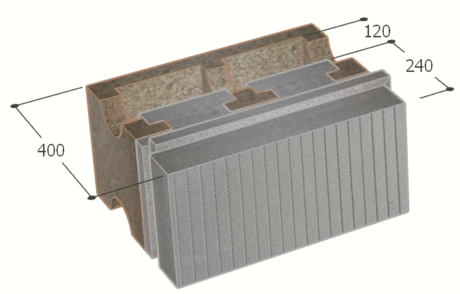 Image of Bloc à bancher en bois ciment (50x25 cm), isolant externe : 24 cm, épaisseur : 40 cm, béton : 12 cm, fabrication Belgique