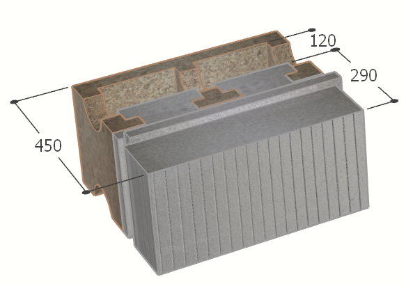 Image of Bloc à bancher en bois ciment (50x25 cm), isolant externe : 29 cm, épaisseur : 45 cm, béton : 12 cm, fabrication Belgique