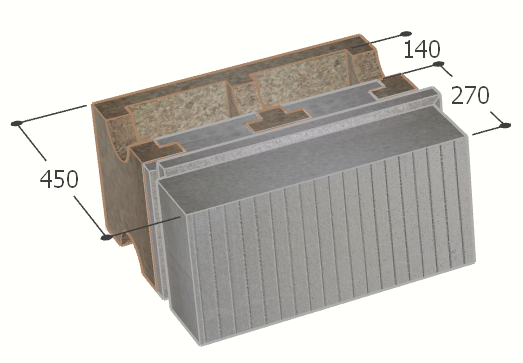 Image of Bloc à bancher en bois ciment (50x25 cm), isolant externe : 27 cm, épaisseur : 45 cm, béton : 14 cm, fabrication Belgique