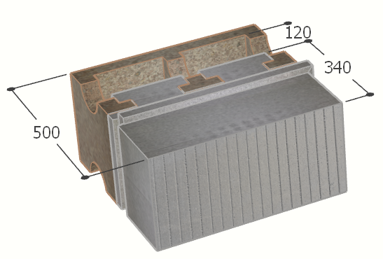 Image of Bloc à bancher en bois ciment (50x25 cm), isolant externe : 34 cm, épaisseur : 50 cm, béton : 12 cm, fabrication Belgique