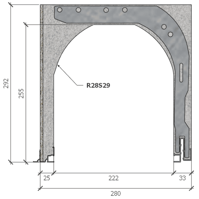 Image of Coffre (6 m) modèle renforcé, L: 280, H: 292, tunnel: 222, rail 8F/28FR, finition fibragglo, couleur gris