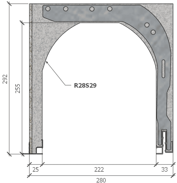 Image of Coffre (6 m) modèle renforcé, L: 280, H: 292, tunnel: 222, rail 827/28FR, finition fibragglo, couleur gris.