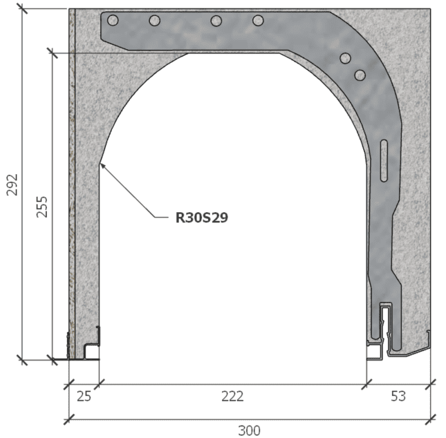 Image of Coffre (6 m) modèle renforcé, L: 300, H: 292, tunnel: 222, rail 827/30FR, finition fibragglo, couleur gris
