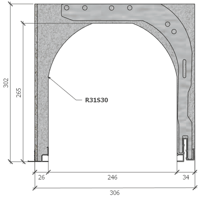 Image of Coffre (6 m) modèle renforcé, L: 306, H: 302, tunnel: 246, rail 827/28FR, finition fibragglo, couleur gris